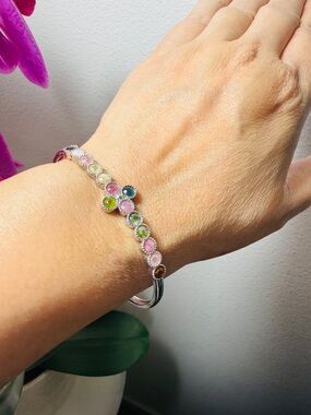 Multicolor Tourmaline Gemstone Silver Cuff Bracelet - Elegant Women's Jewelry